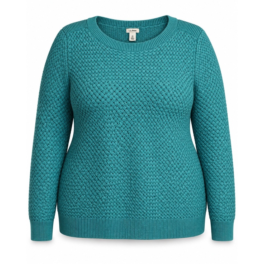 LL Bean Sweater 2X Plus Teal Green 100% Cotton Textured Knit Long Sleeve 517130